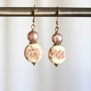Handmade Boho Glass Ceramic Drop Earrings Pink Cream Bronze Speckled Dangle F5